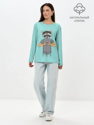 Лонгслив женский. Хлопок / Енот Хипстер Love