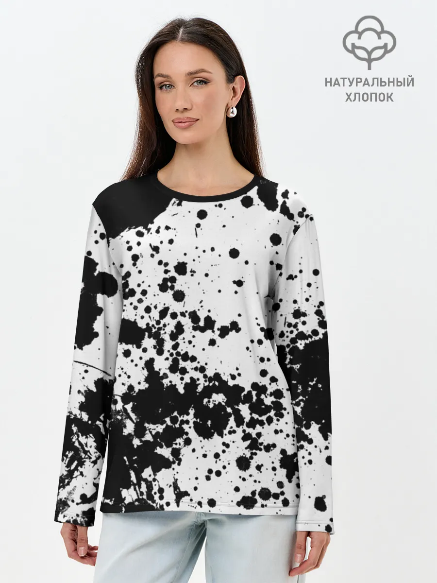 Лонгслив женский. Хлопок / Черно-белые капли