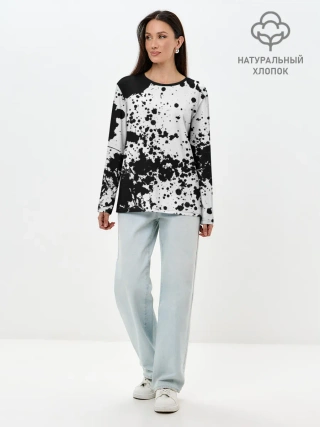 Лонгслив женский. Хлопок / Черно-белые капли