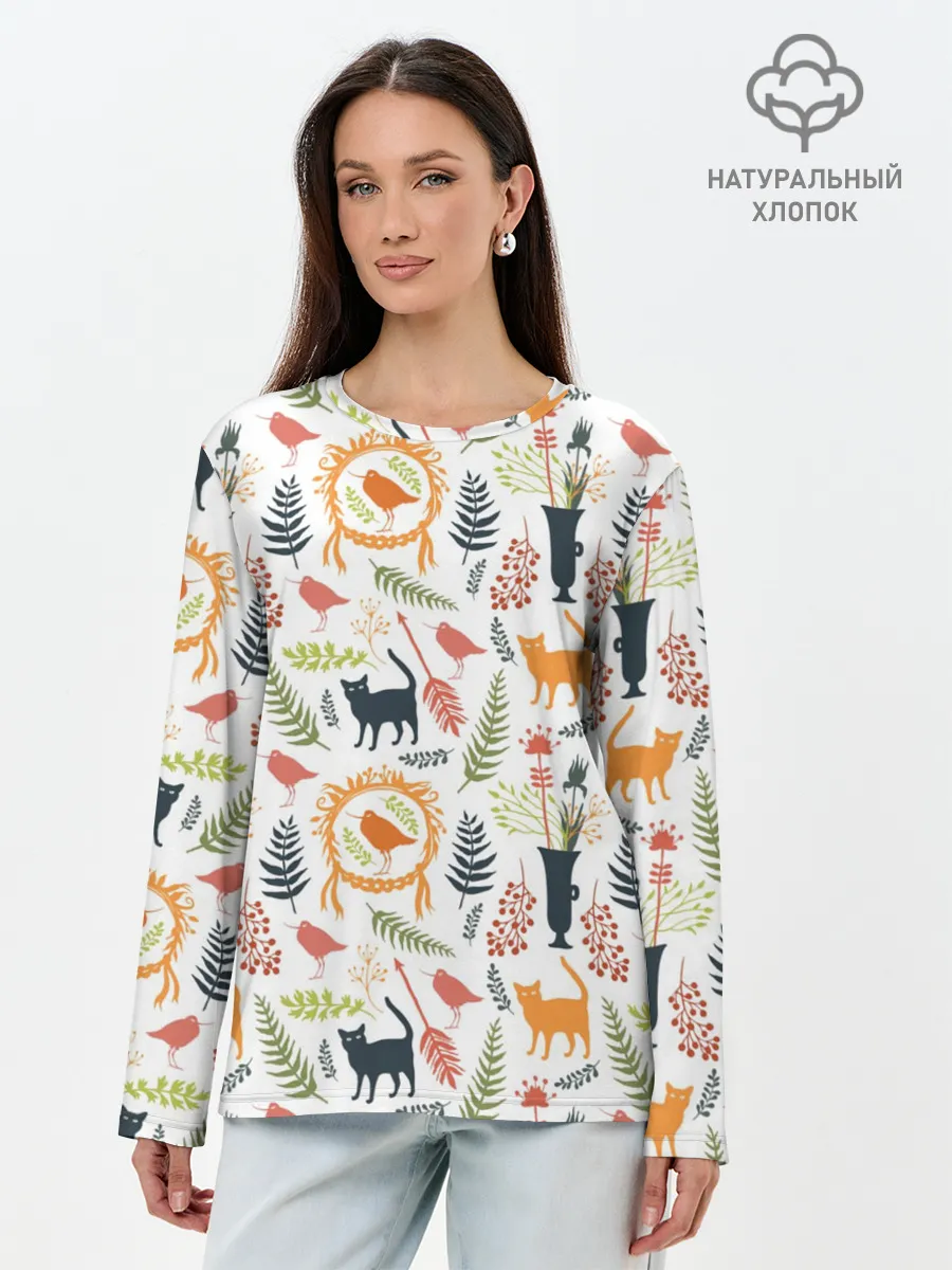 Лонгслив женский. Хлопок / О кошках и птичках