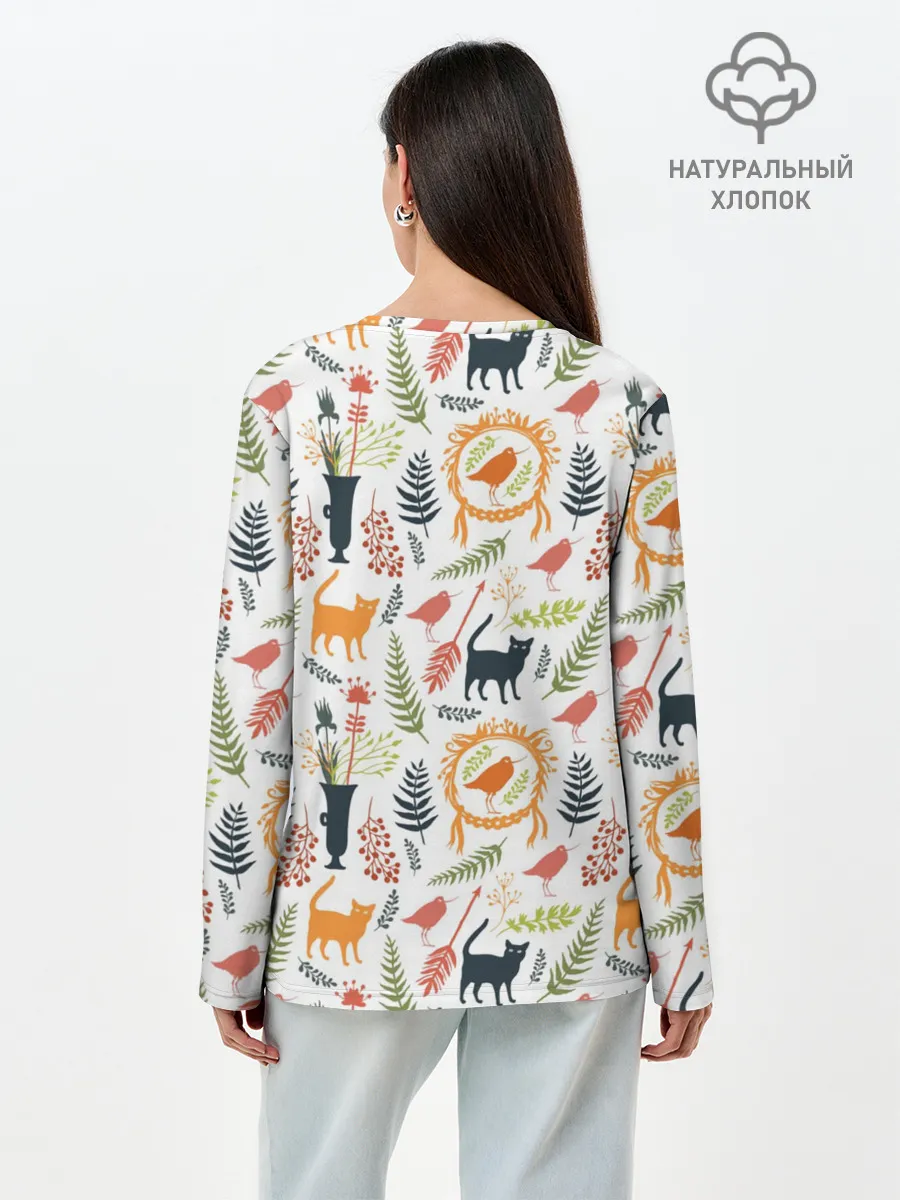 Лонгслив женский. Хлопок / О кошках и птичках
