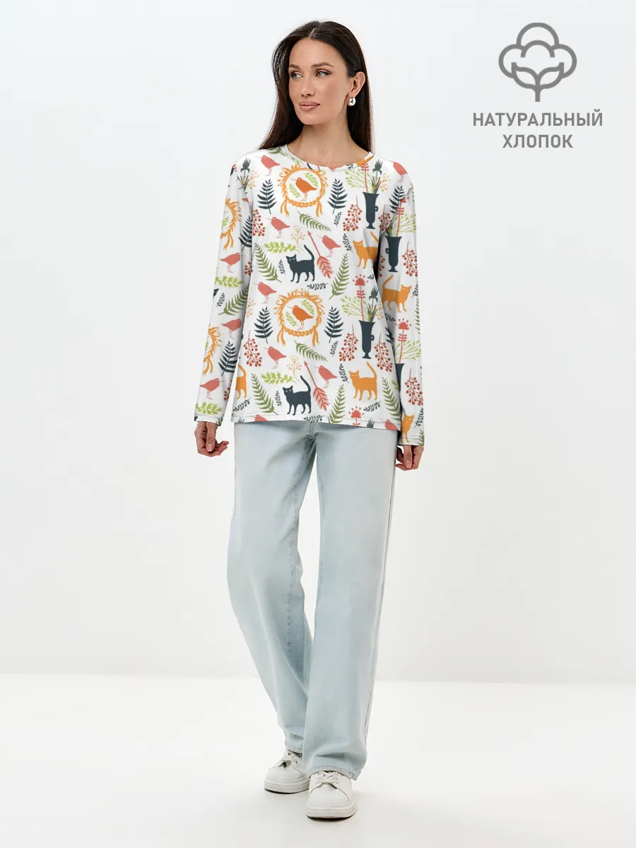 Лонгслив женский. Хлопок / О кошках и птичках