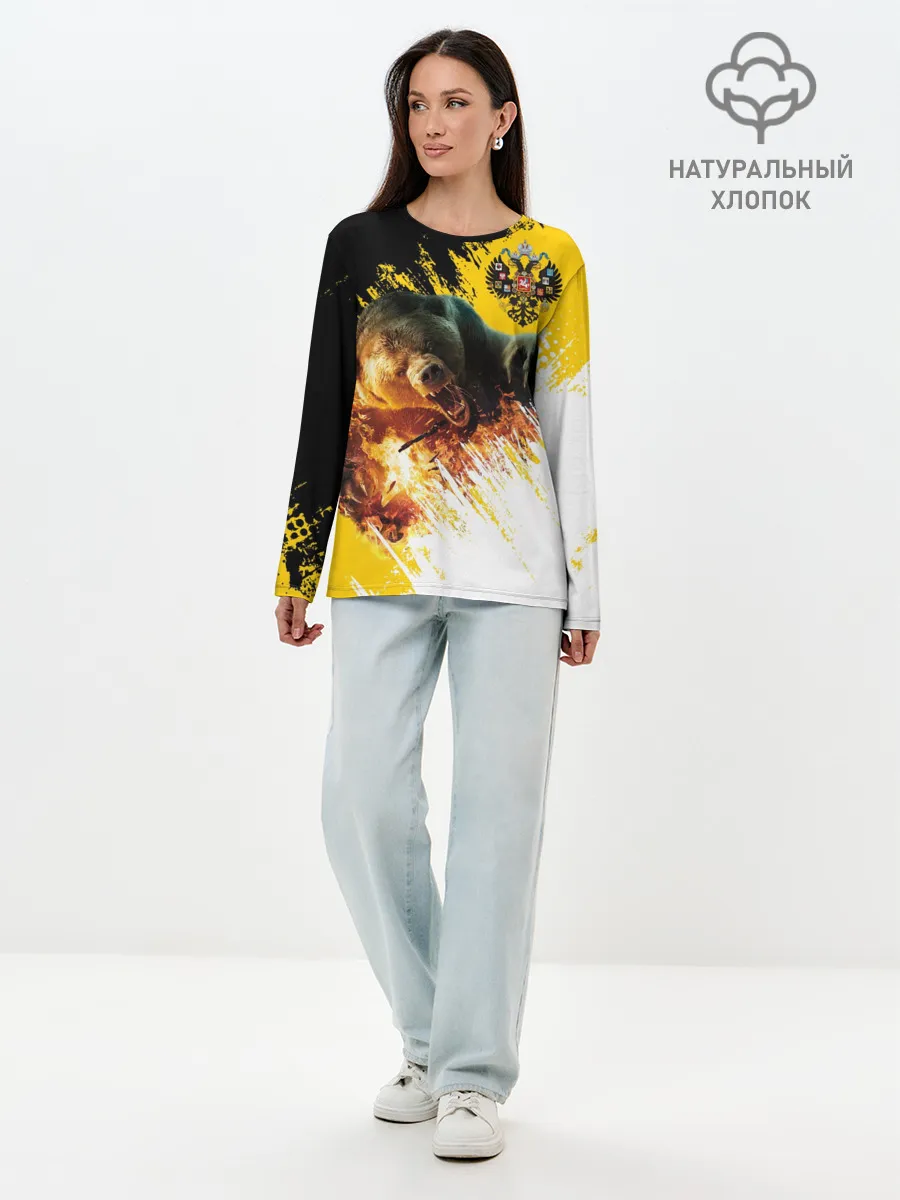 Лонгслив женский. Хлопок / Имперский флаг и медведь