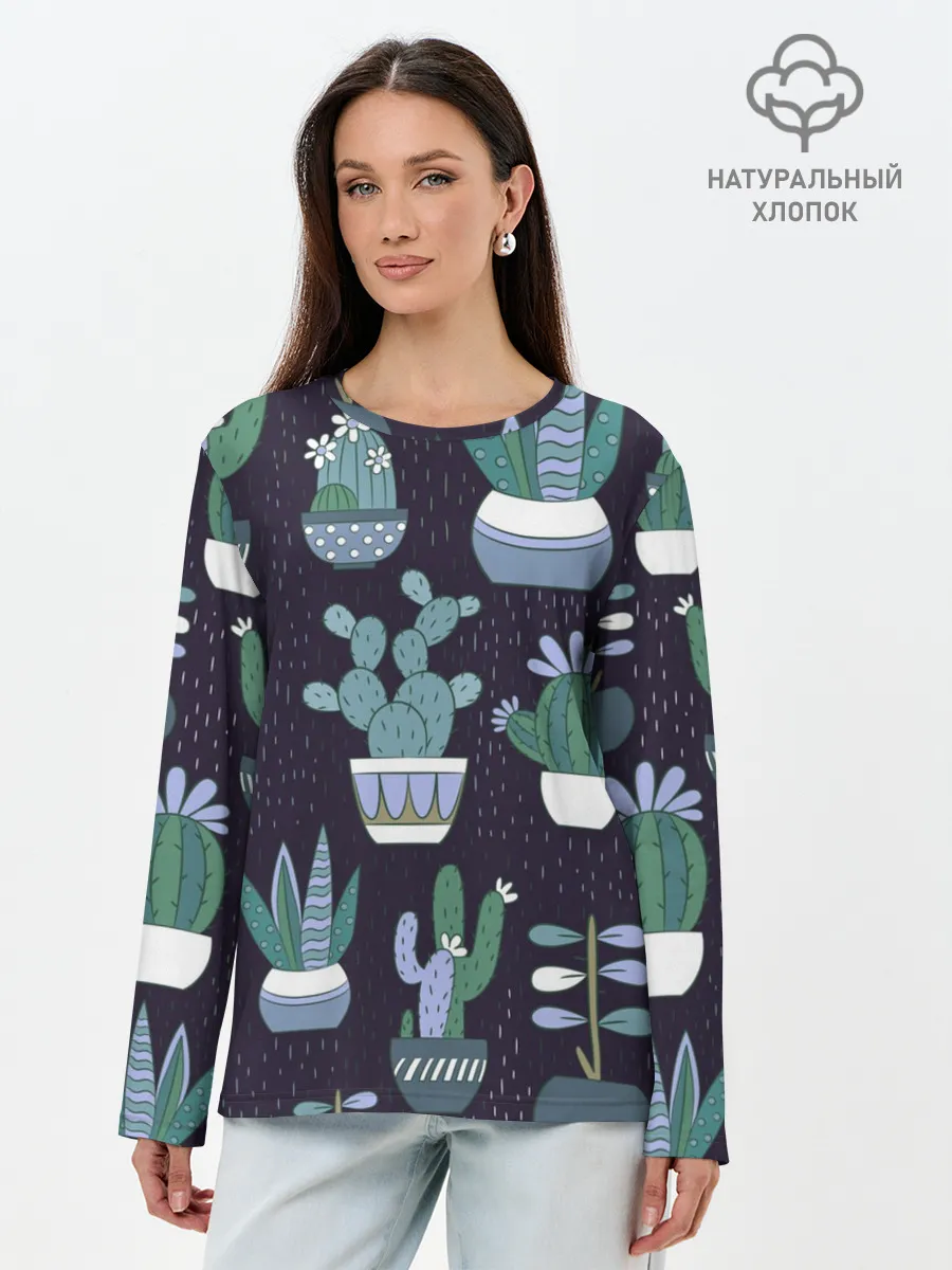 Лонгслив женский. Хлопок / Кактусы