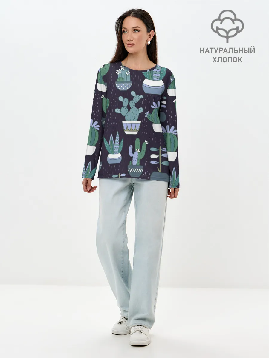 Лонгслив женский. Хлопок / Кактусы