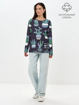 Лонгслив женский. Хлопок / Кактусы
