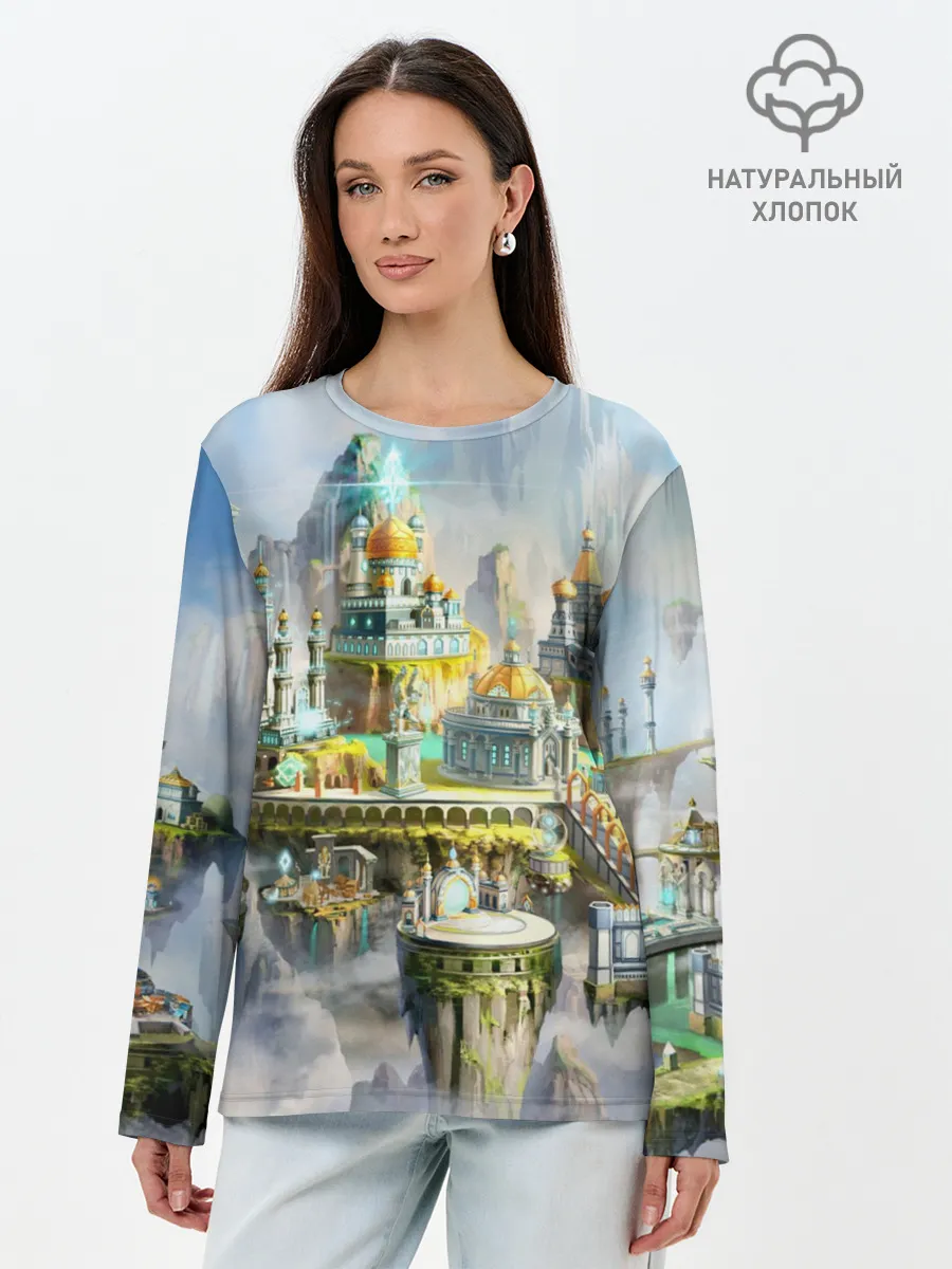 Лонгслив женский. Хлопок / Город в небе