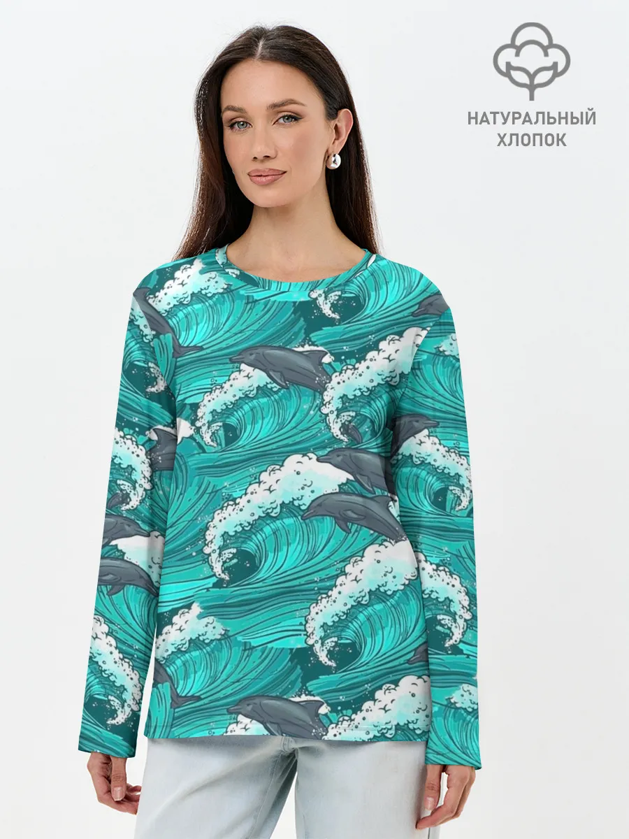 Лонгслив женский. Хлопок / Дельфины
