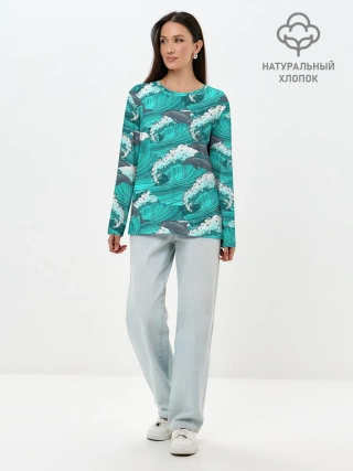 Лонгслив женский. Хлопок / Дельфины