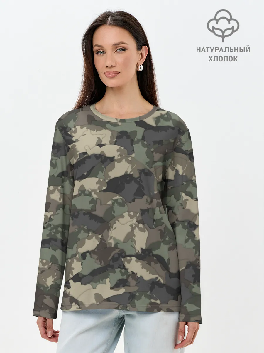 Лонгслив женский. Хлопок / Камуфляж с толстыми котами