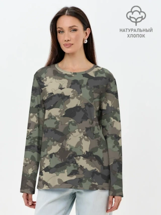 Лонгслив женский. Хлопок / Камуфляж с толстыми котами