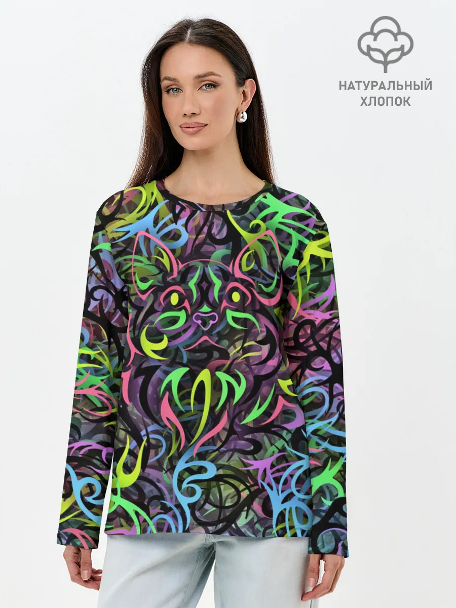 Лонгслив женский. Хлопок / Абстрактный кот