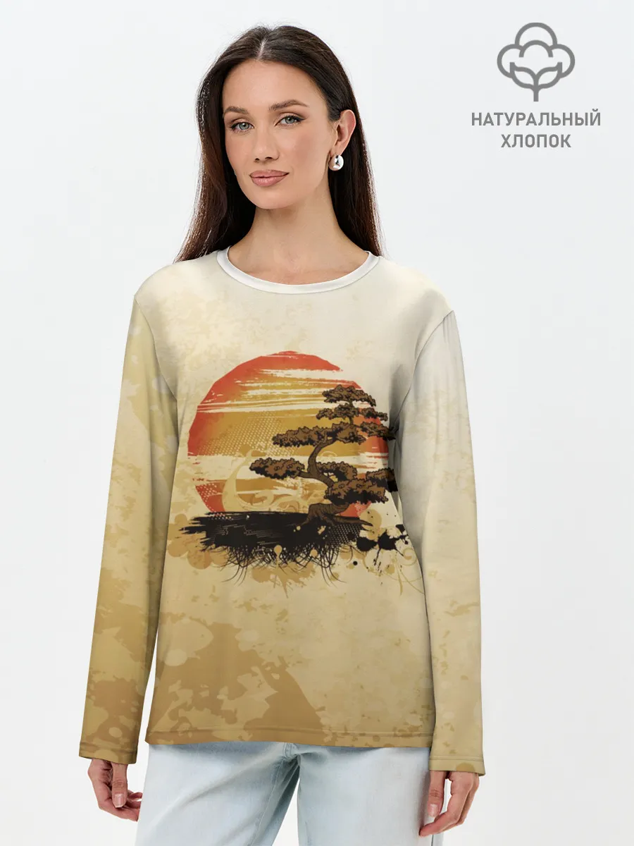 Лонгслив женский. Хлопок / Дерево на закате