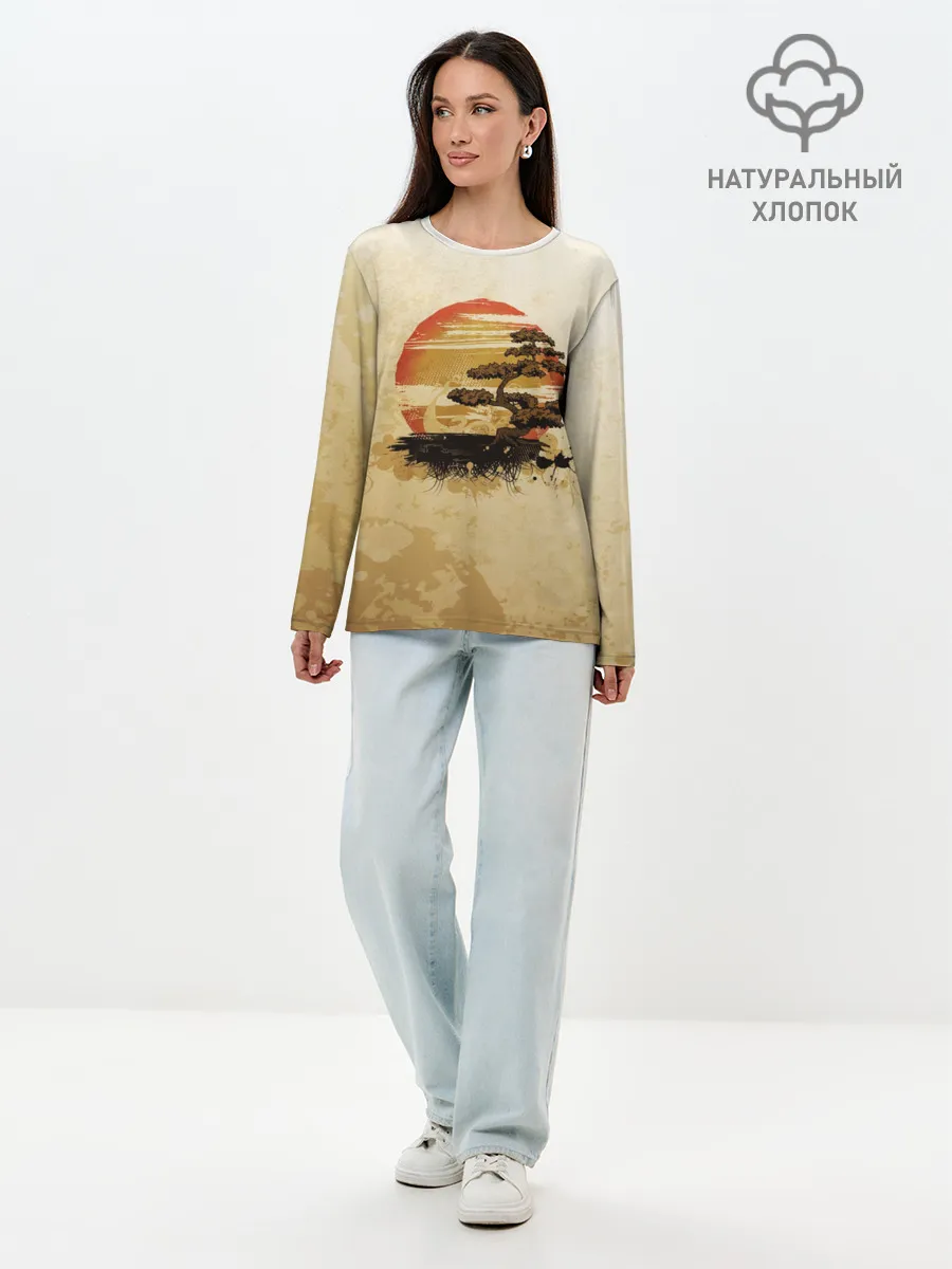 Лонгслив женский. Хлопок / Дерево на закате