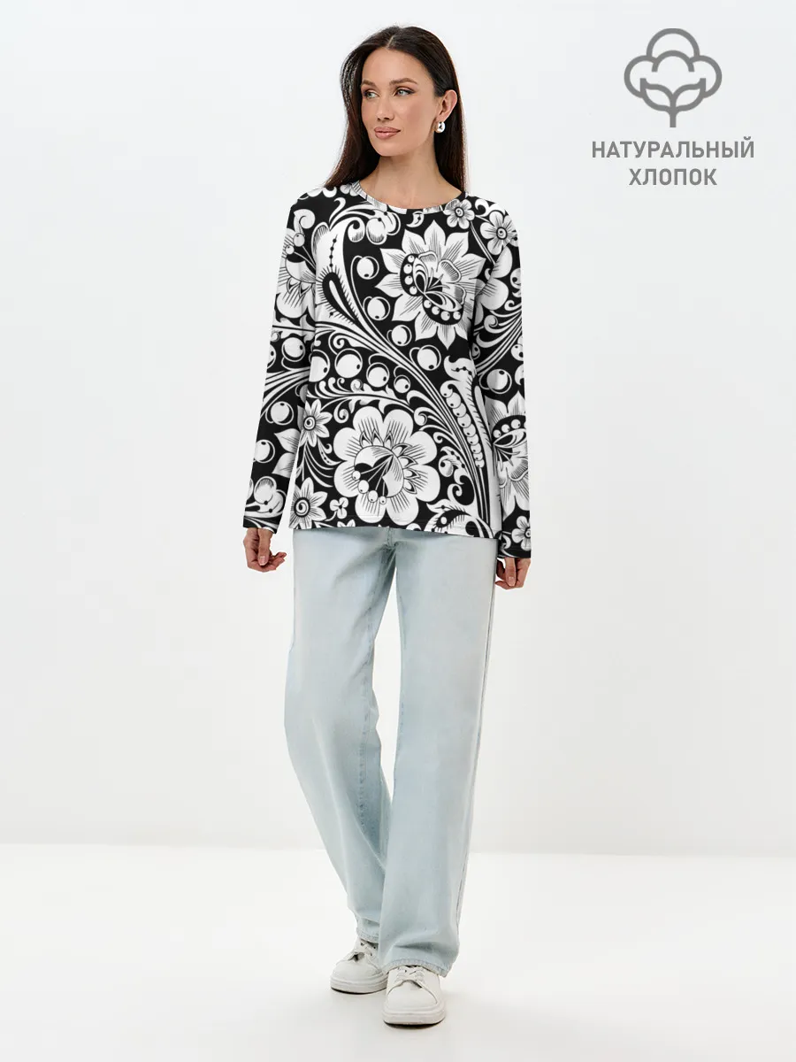 Лонгслив женский. Хлопок / Хохлома чб