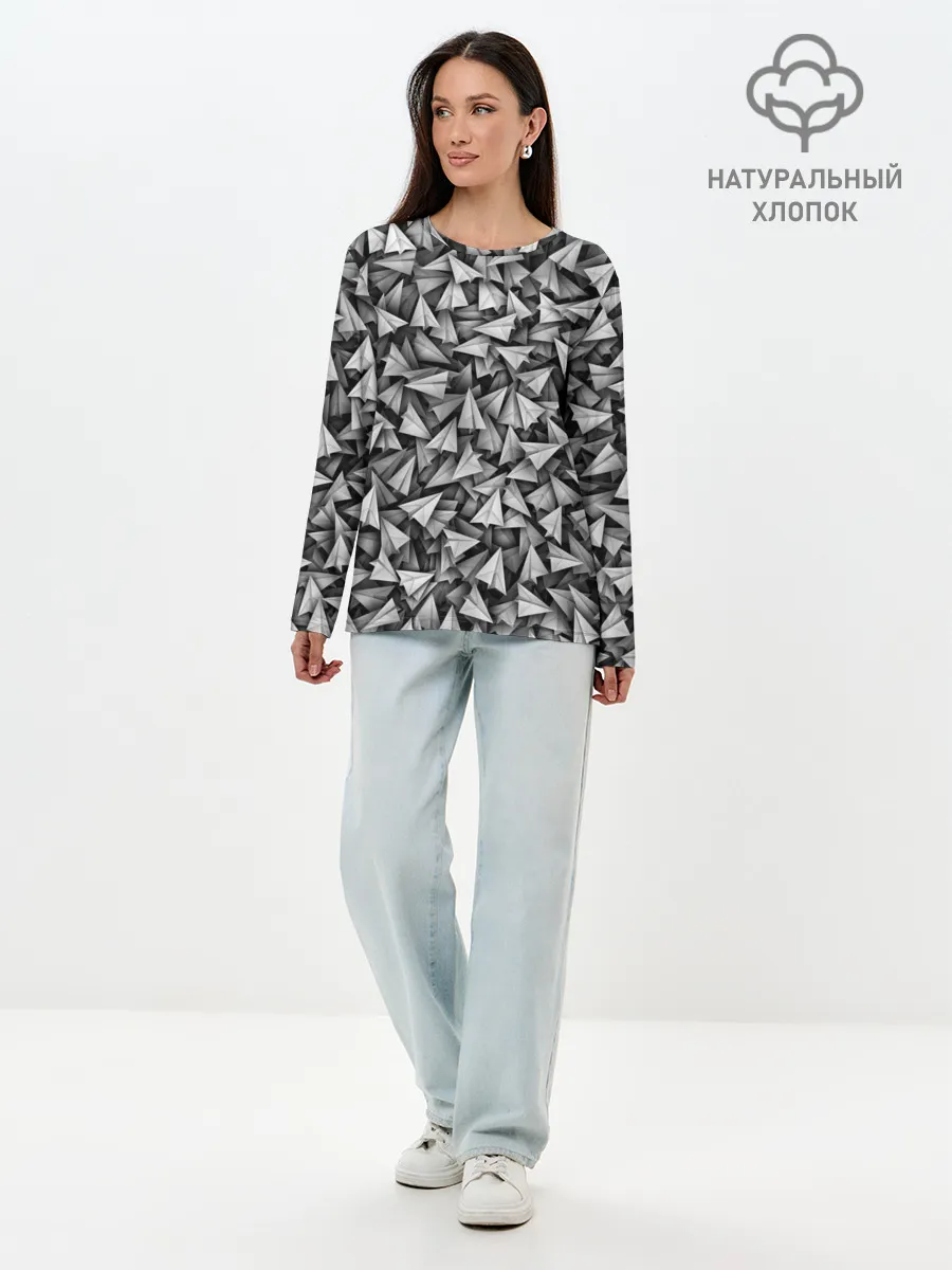 Лонгслив женский. Хлопок / Бумажные самолетики