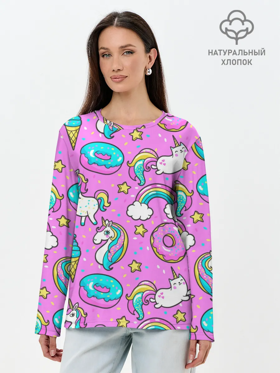 Лонгслив женский. Хлопок / Котики и Единороги
