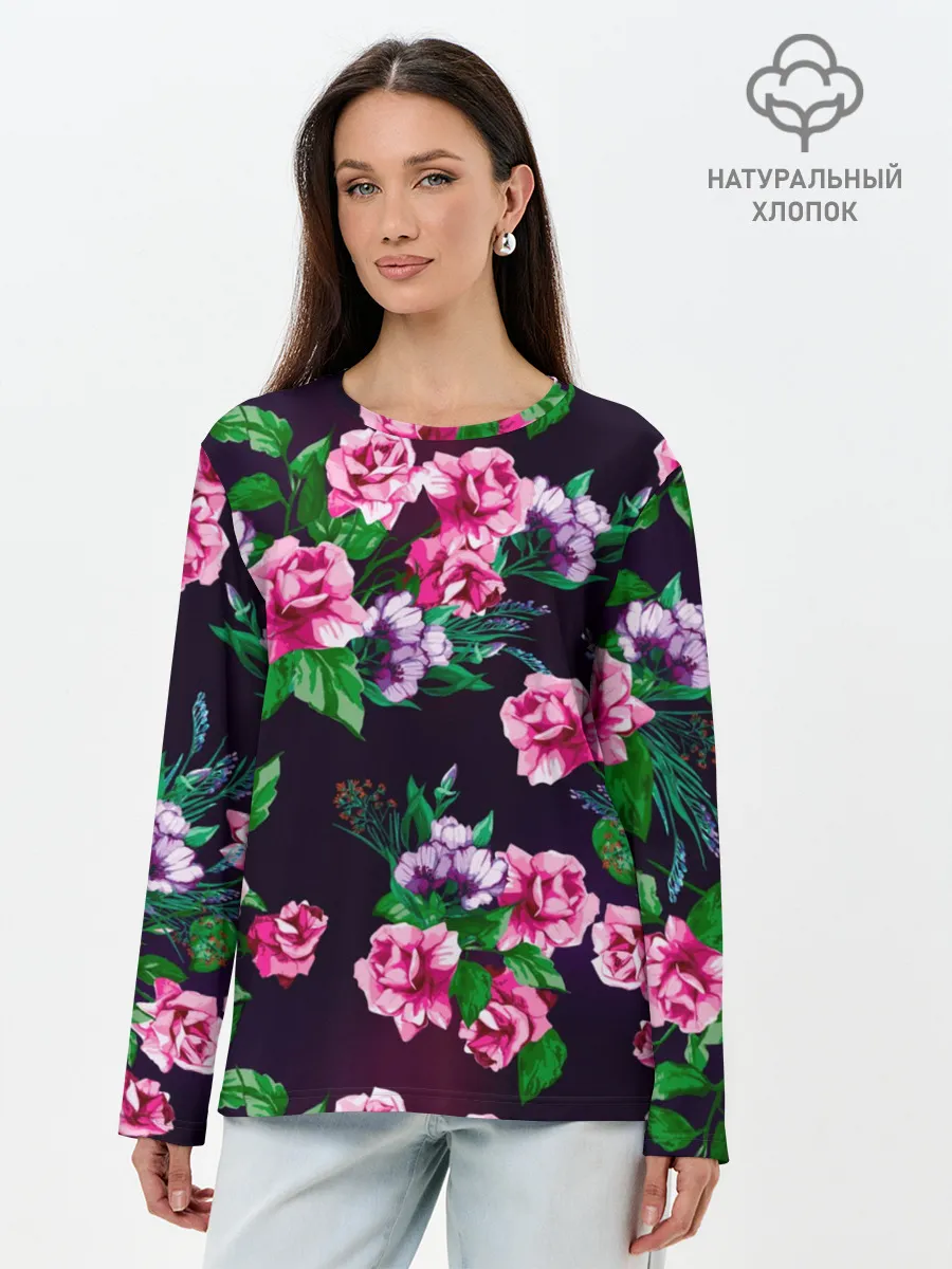 Лонгслив женский. Хлопок / Розы
