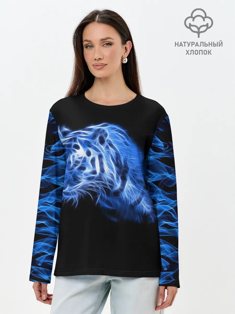Лонгслив женский. Хлопок / Синий тигр