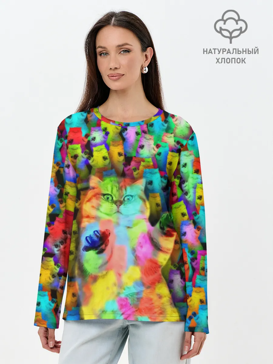 Лонгслив женский. Хлопок / Котики на дискотеке