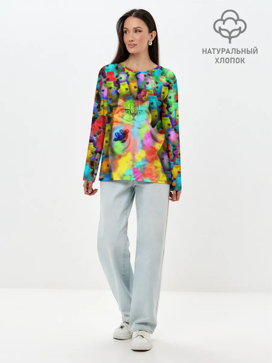 Лонгслив женский. Хлопок / Котики на дискотеке