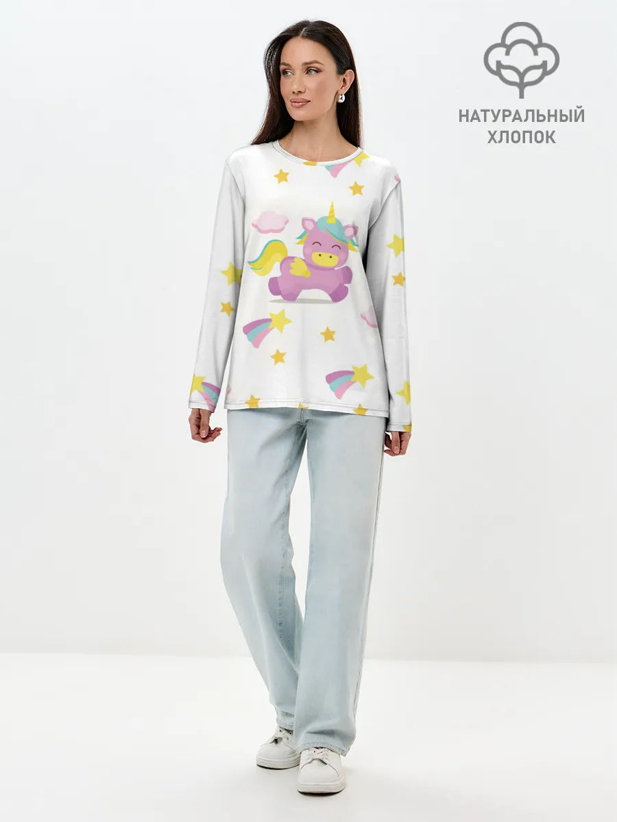 Лонгслив женский. Хлопок / Розовый единорог