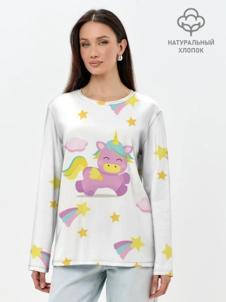 Лонгслив женский. Хлопок / Розовый единорог