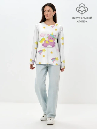 Лонгслив женский. Хлопок / Розовый единорог