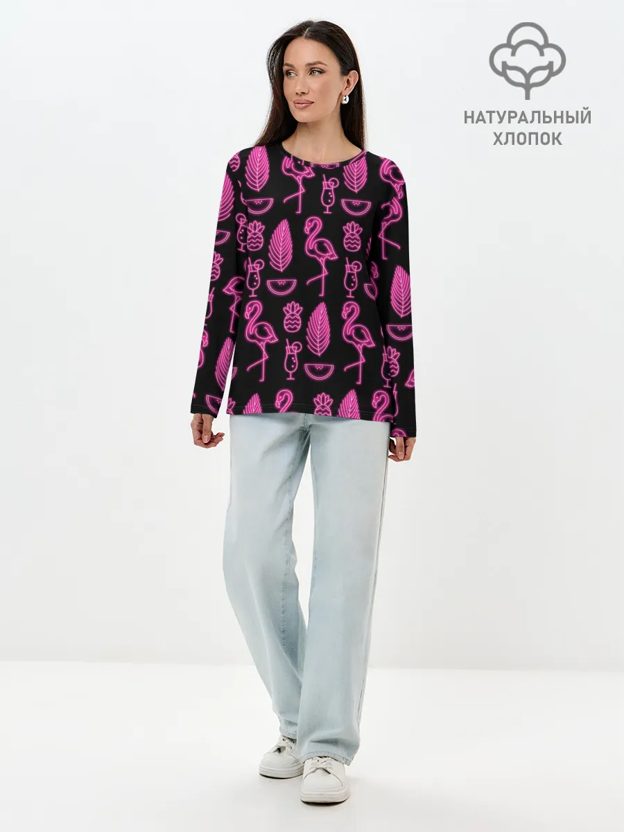 Лонгслив женский. Хлопок / Светящийся фламинго