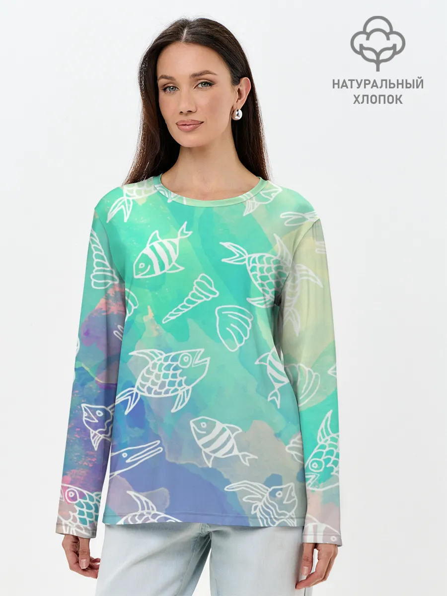 Лонгслив женский. Хлопок / Рыбы