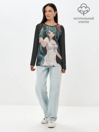 Лонгслив женский. Хлопок / Хацуне Мику с протянутой рукой