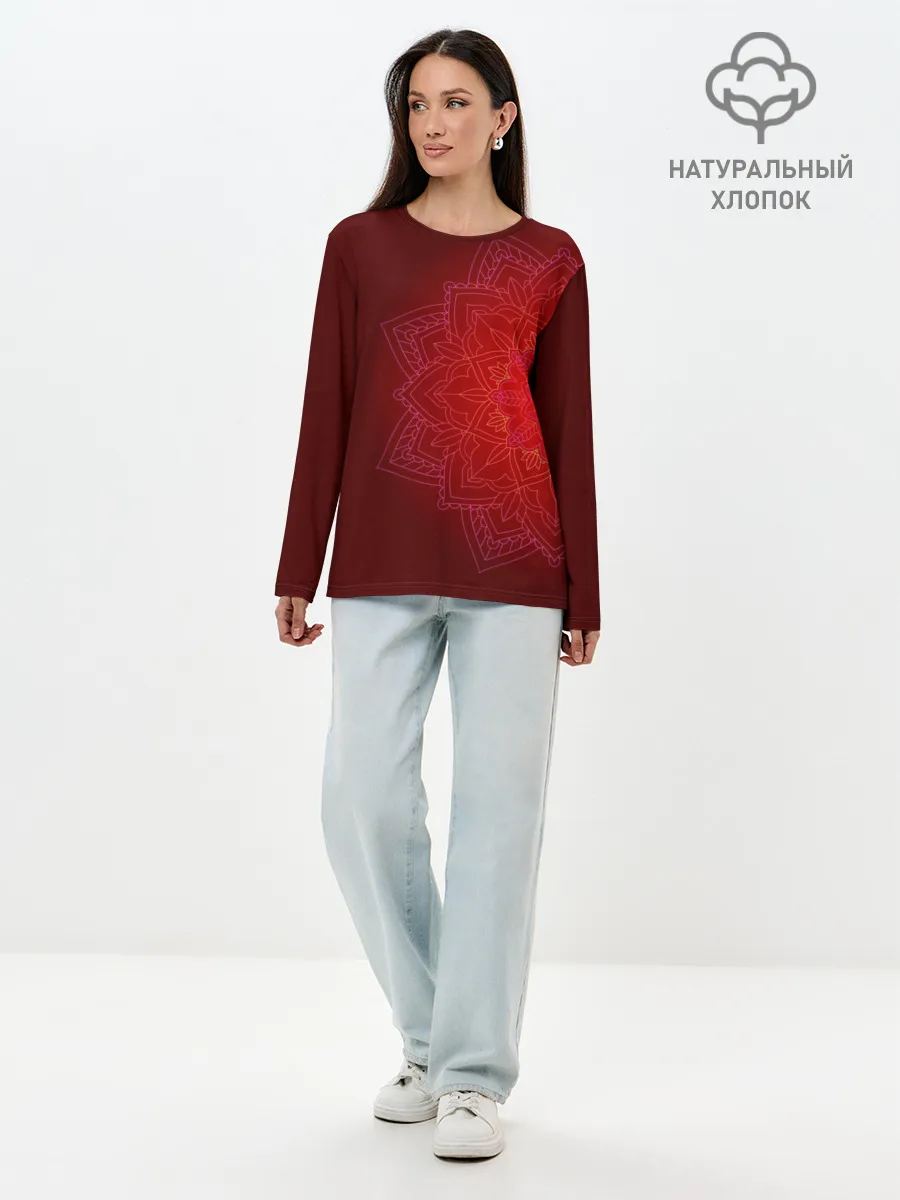 Лонгслив женский. Хлопок / Красная мандала