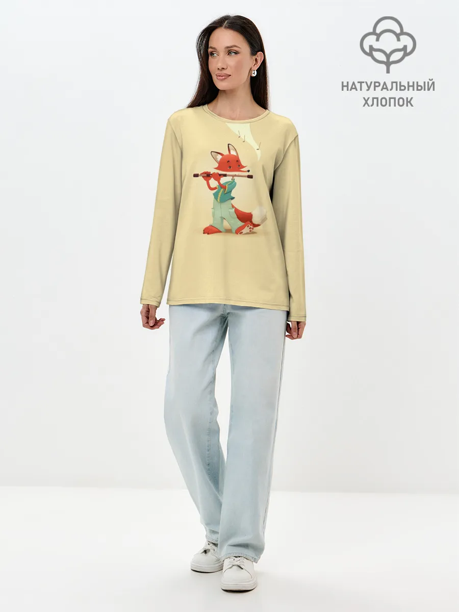Лонгслив женский. Хлопок / Лисичка с флейтой