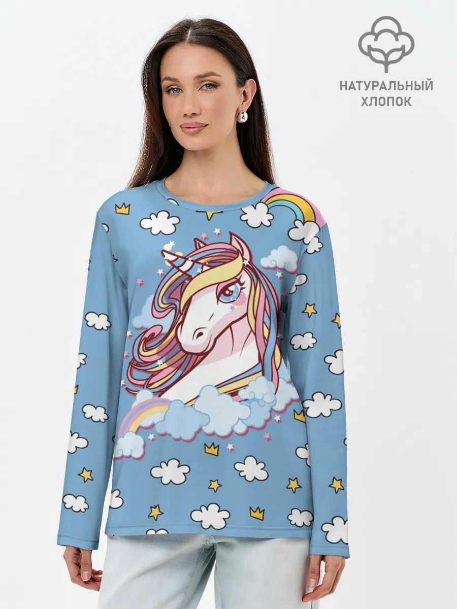 Лонгслив женский. Хлопок / Радужный Единорог