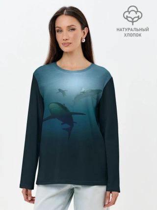 Лонгслив женский. Хлопок / Акулы