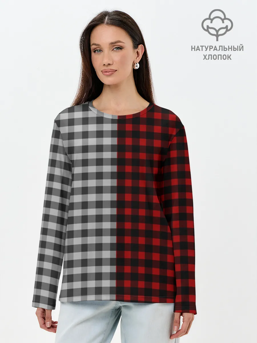 Лонгслив женский. Хлопок / Красно белая рубашка в клетку
