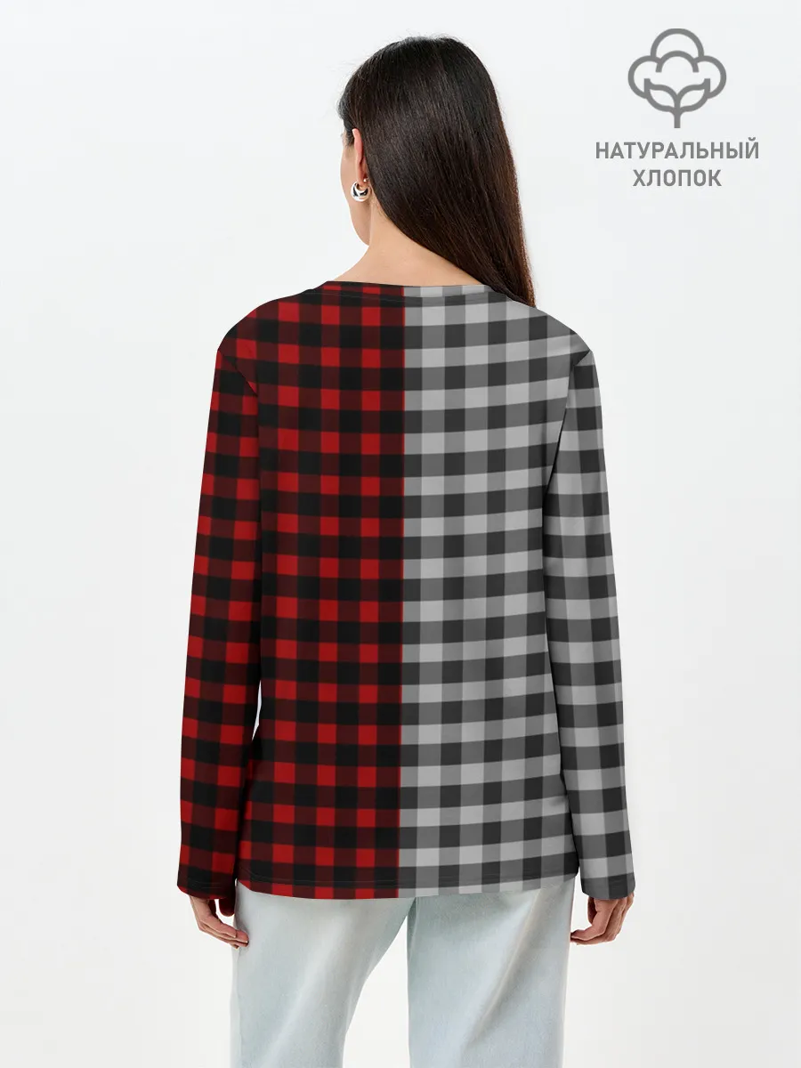 Лонгслив женский. Хлопок / Красно белая рубашка в клетку