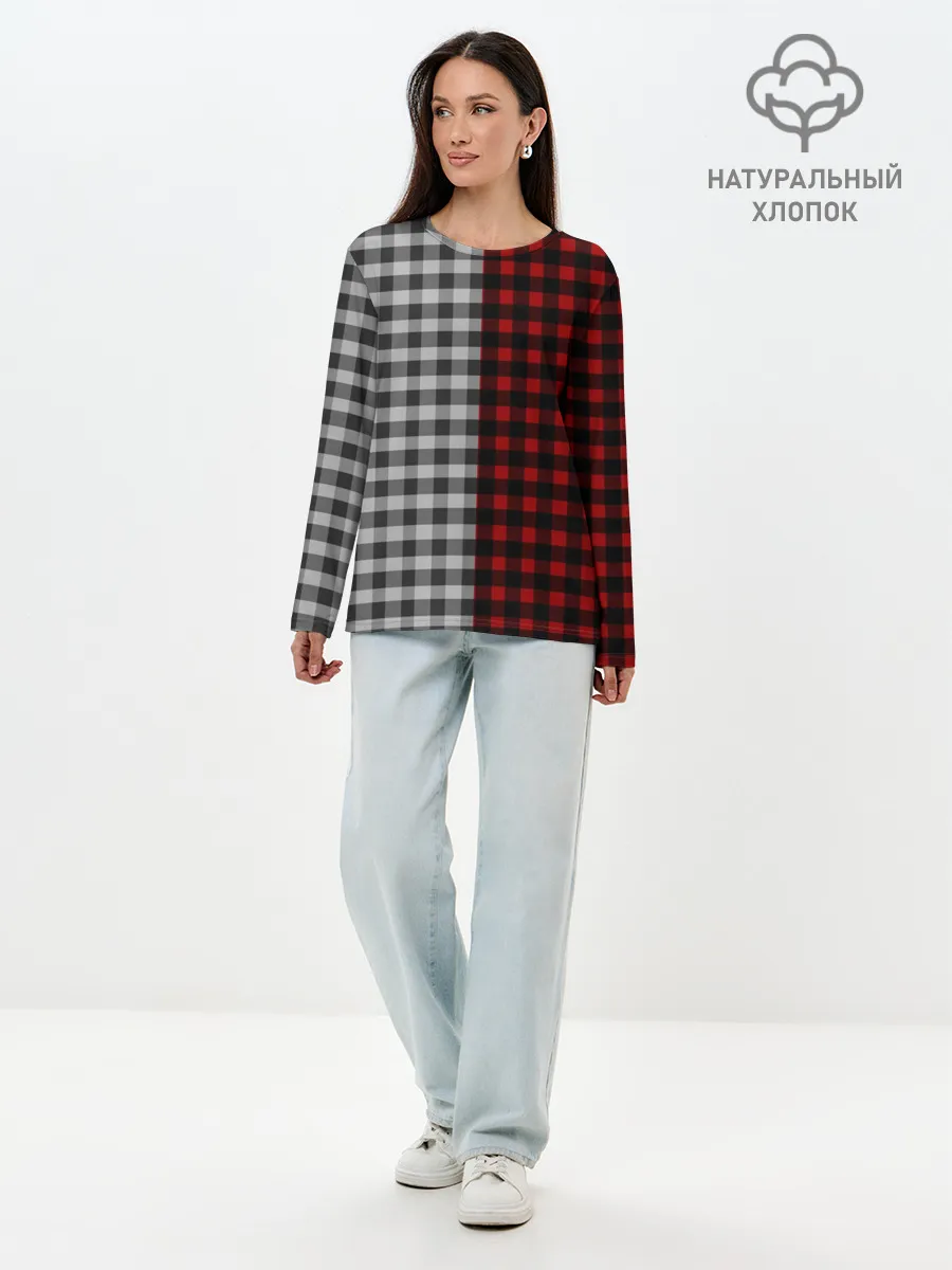 Лонгслив женский. Хлопок / Красно белая рубашка в клетку