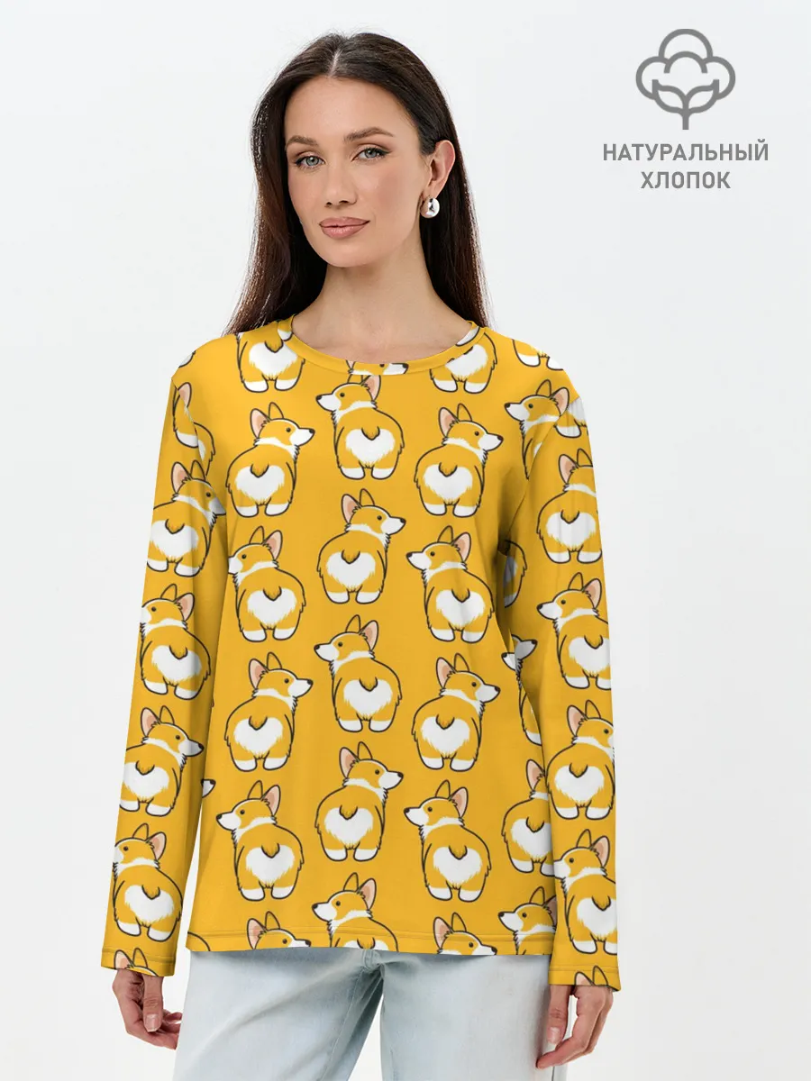 Лонгслив женский. Хлопок / Корги Паттерн