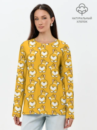 Лонгслив женский. Хлопок / Корги Паттерн