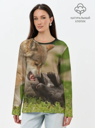 Лонгслив женский. Хлопок / Волки