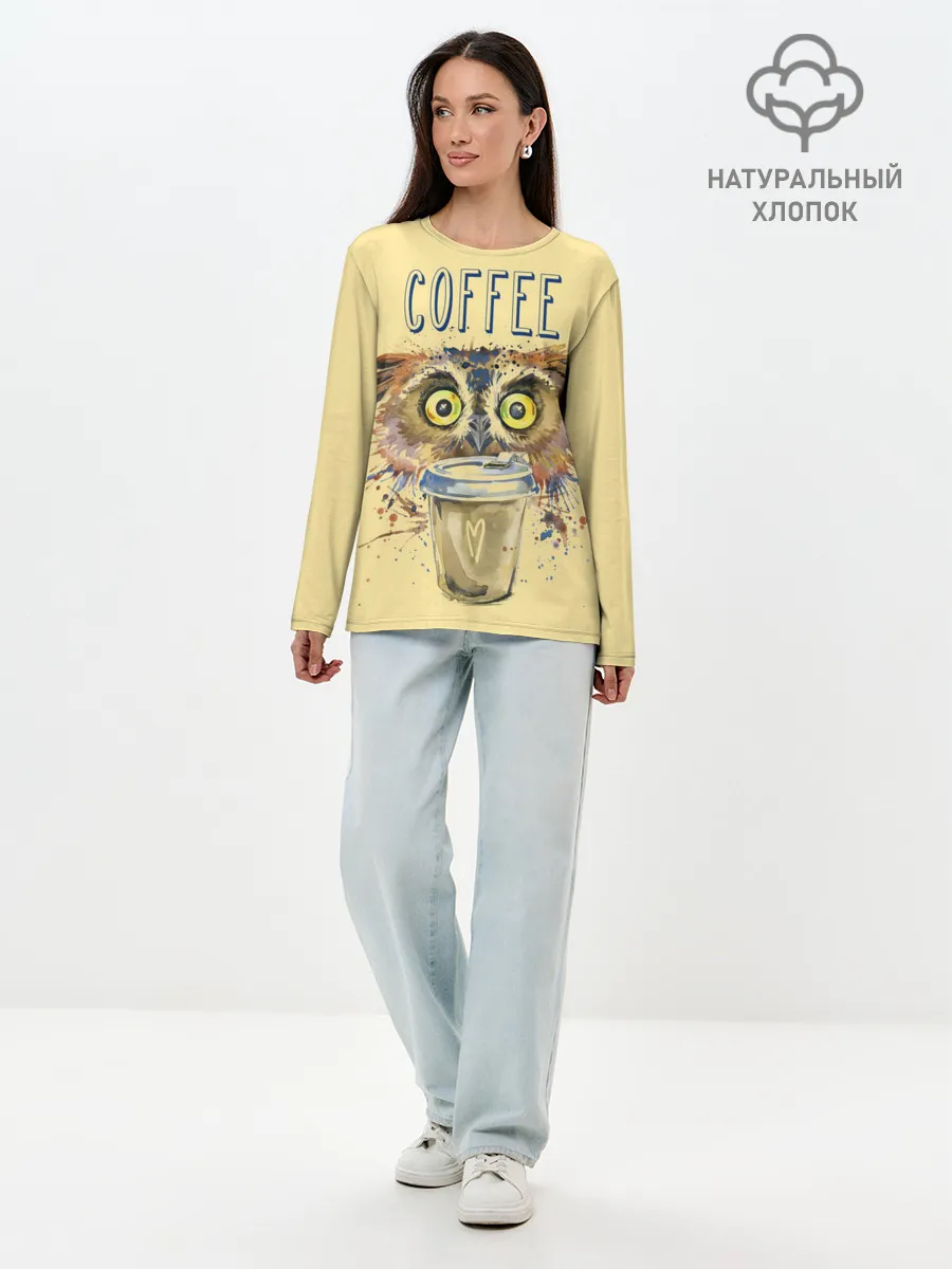 Лонгслив женский. Хлопок / Сова и кофе