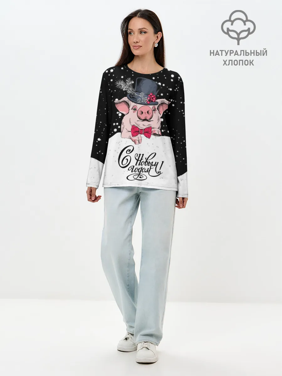 Лонгслив женский. Хлопок / Поросенок в цилиндре