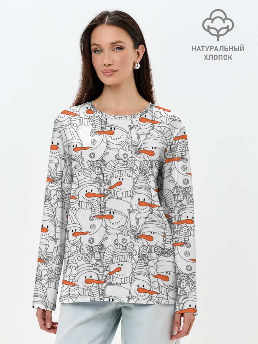 Лонгслив женский. Хлопок / Снеговики