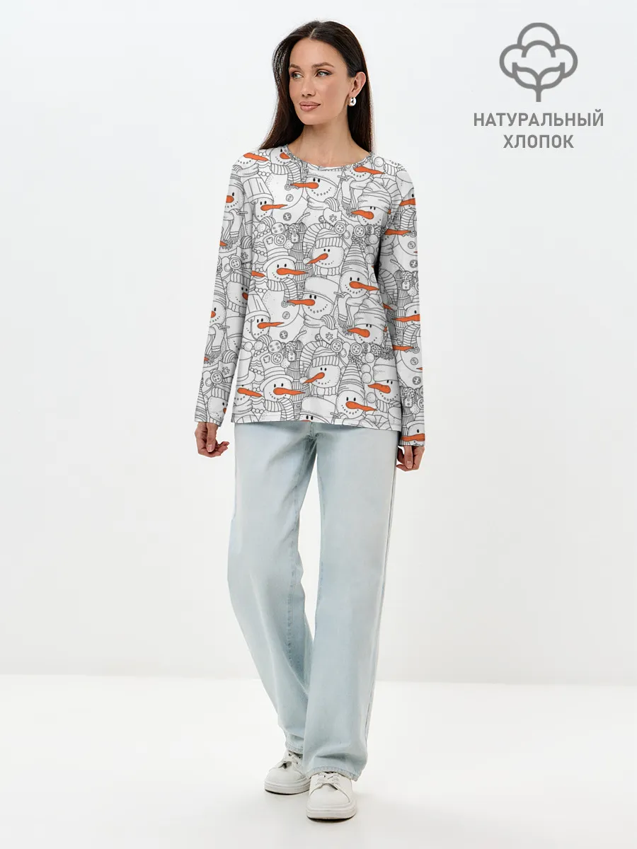Лонгслив женский. Хлопок / Снеговики