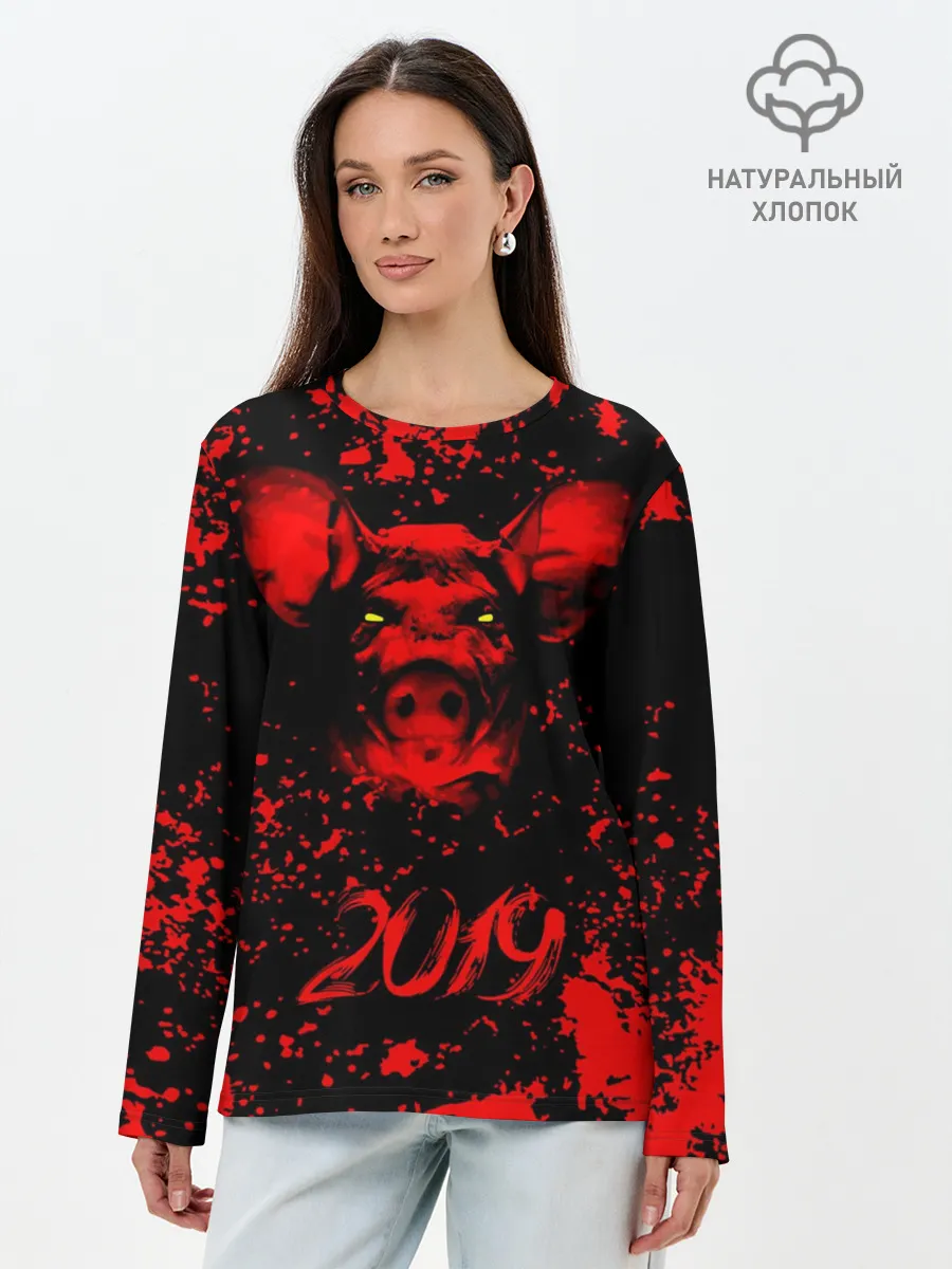 Лонгслив женский. Хлопок / Красный поросенок