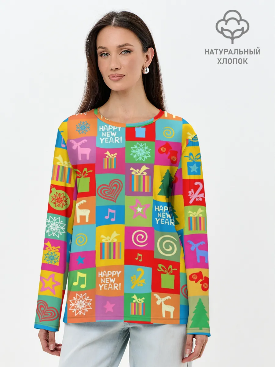Лонгслив женский. Хлопок / Новогодний коллаж