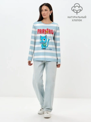 Лонгслив женский. Хлопок / Кот на полосочках