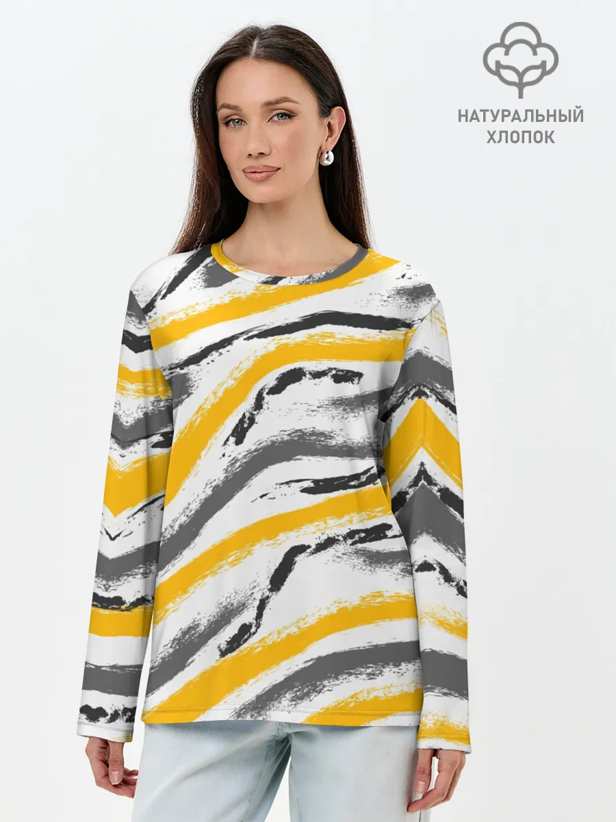 Лонгслив женский. Хлопок / Серый-желтый