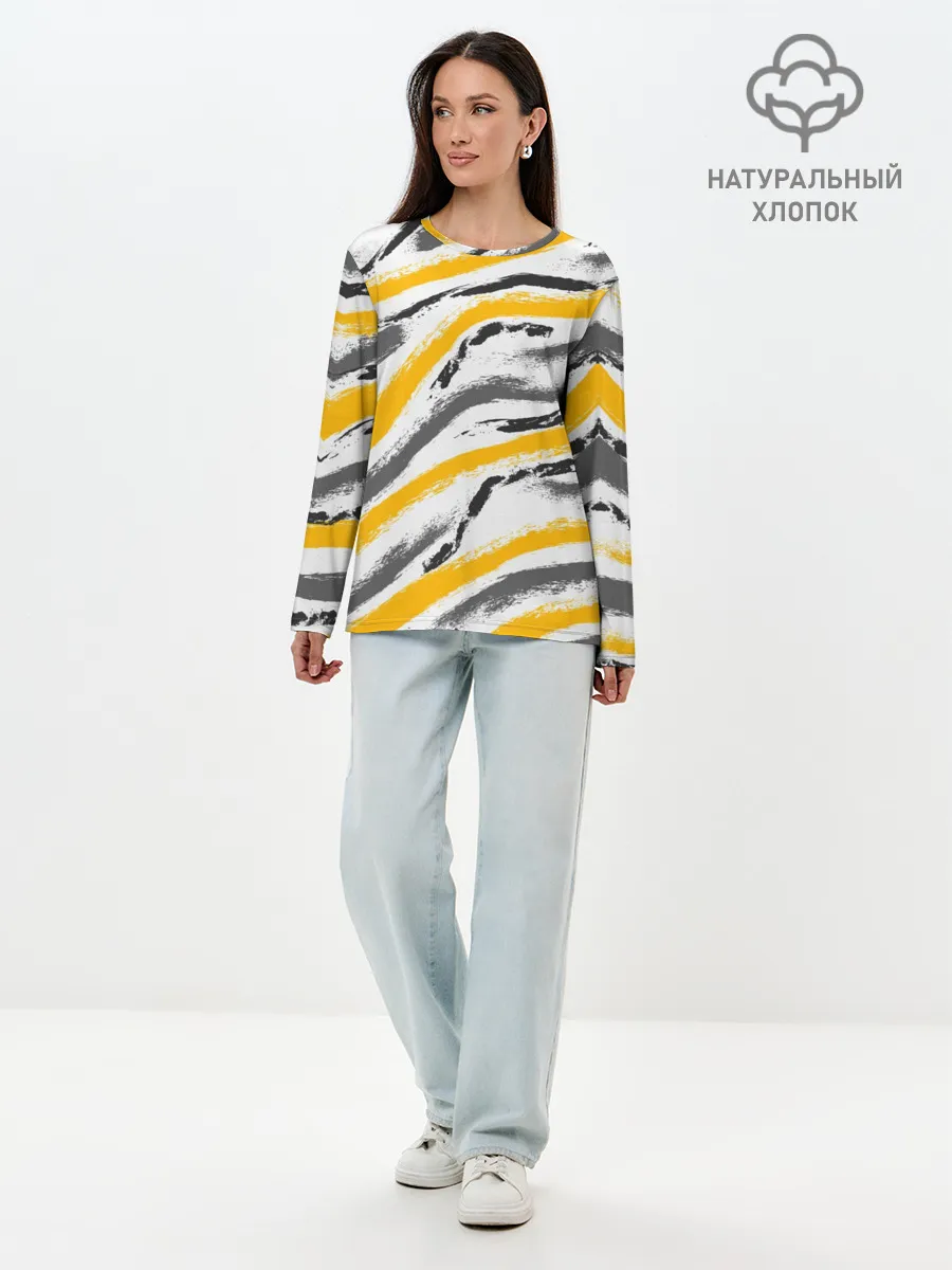 Лонгслив женский. Хлопок / Серый-желтый